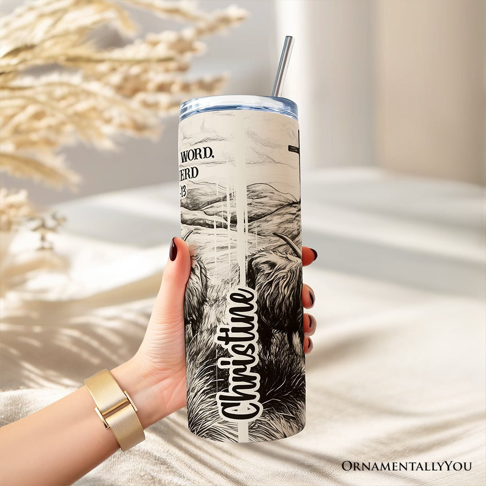 20oz tumbler with lid and stainless straw; black-and-white cow portrait with text