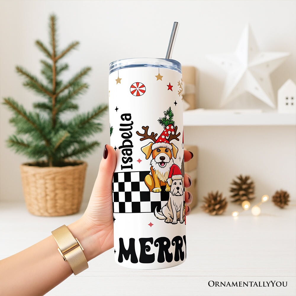Personalized 20 oz tumbler with lid and straw, Isabella name and standing dog artwork