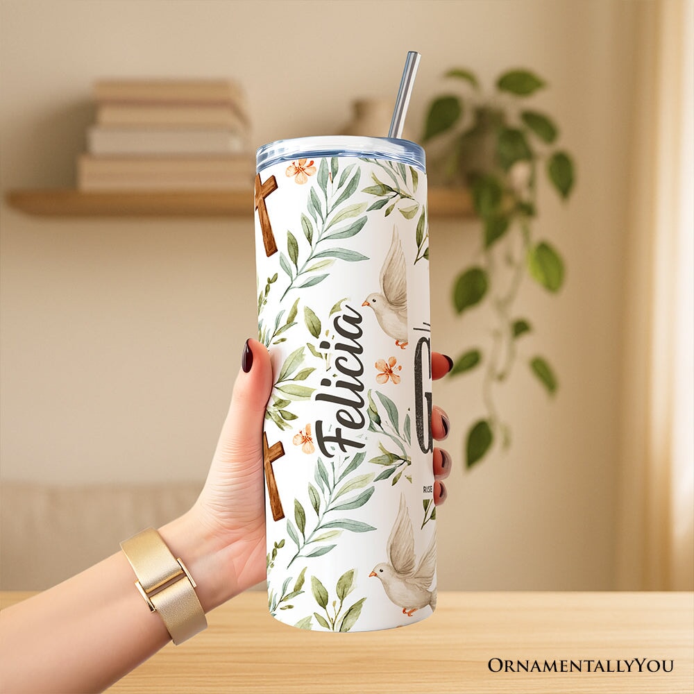 20oz Christian tumbler with lid and stainless straw, white floral design with cross and Faith text