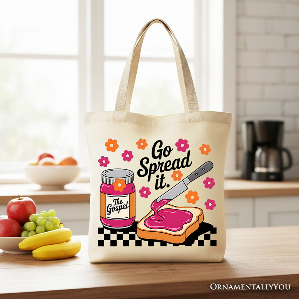 Light canvas tote bag with beige handles and colorful 'Go Spread It' design