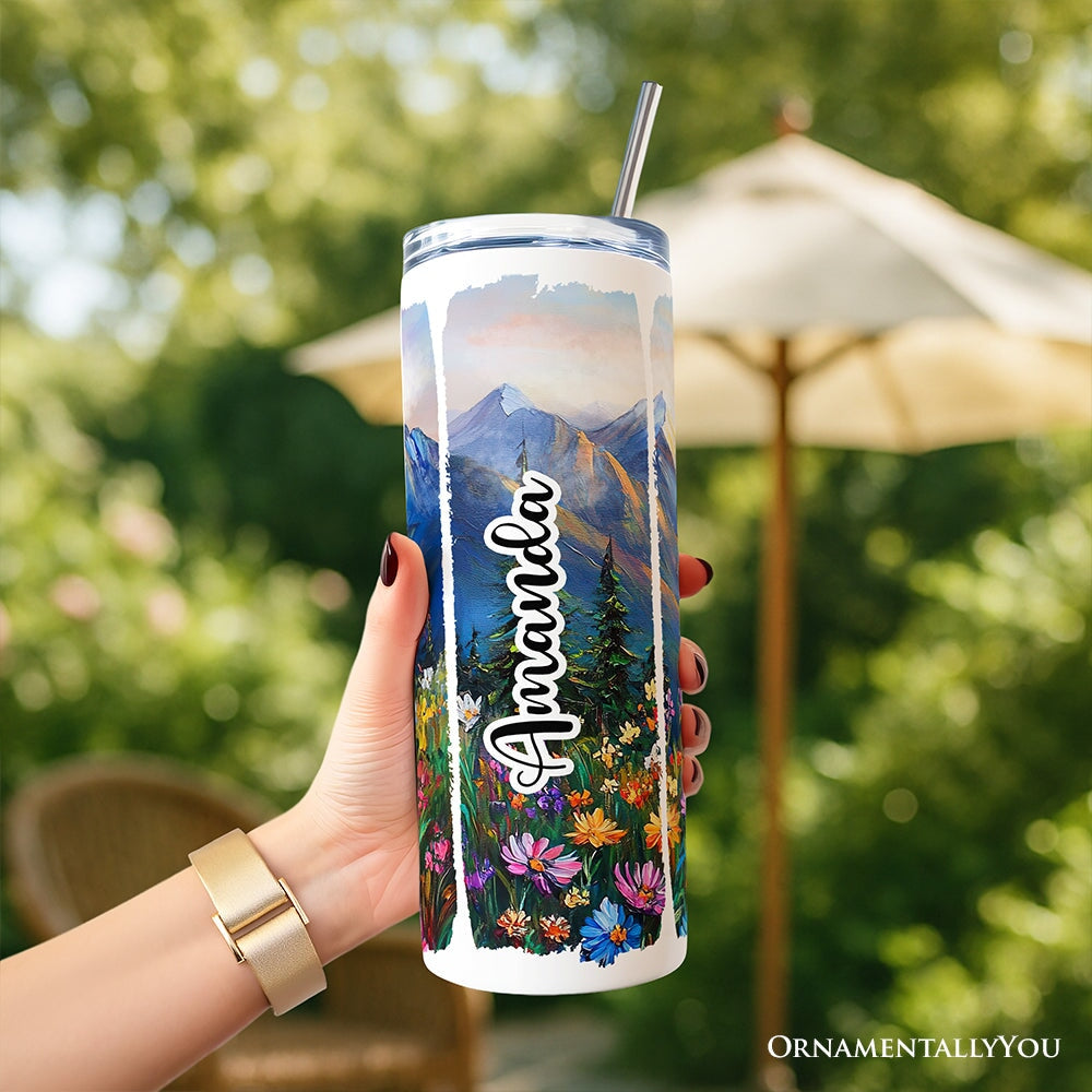 20oz personalized tumbler with lid and metal straw, floral mountain scene, side view