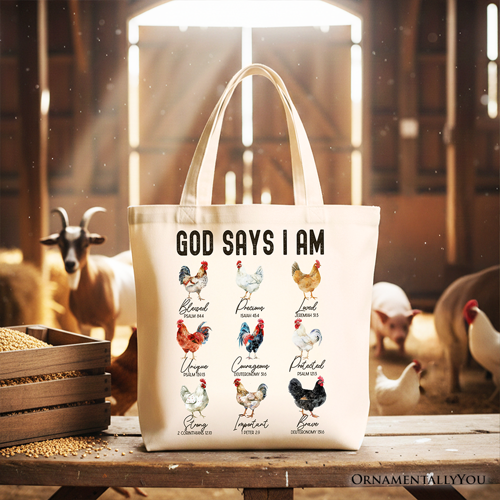 White tote bag standing upright with black text and rooster/chicken illustration
