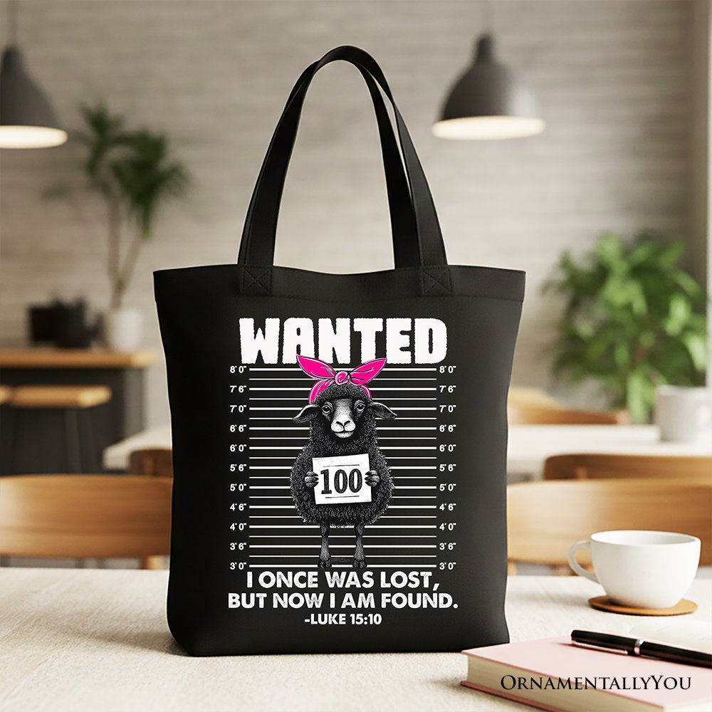 Black tote bag with WANTED sheep graphic and Luke 15:10 scripture text