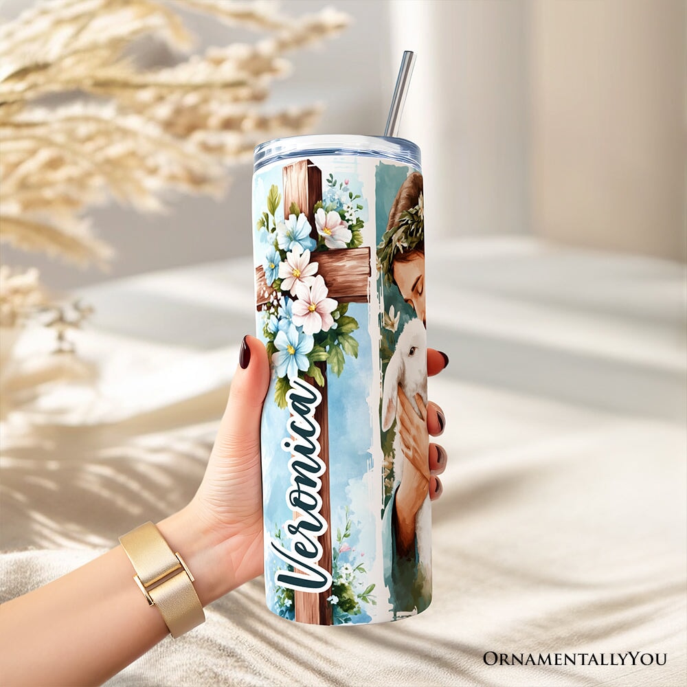 Easter blue tumbler with lid and straw, flowers and portrait wrap design.
