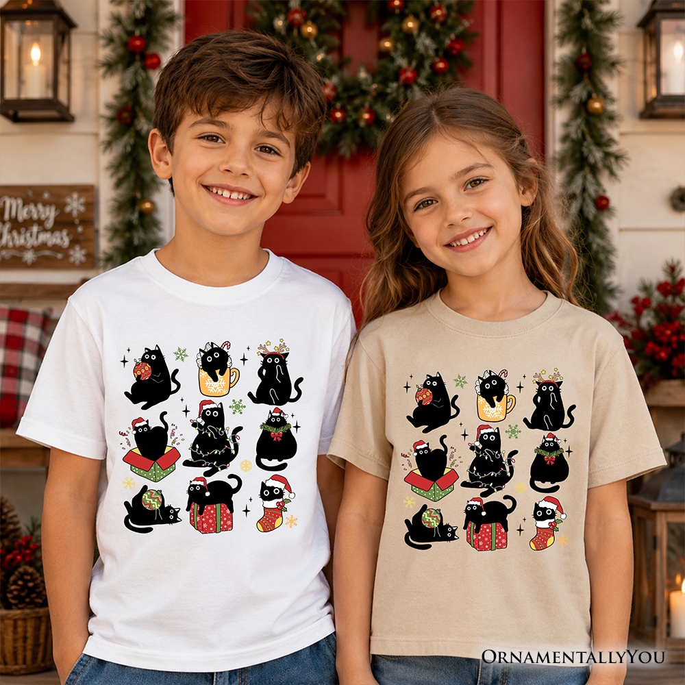 Kids T-shirts: white and sand crew-necks with black cats holiday graphic prints