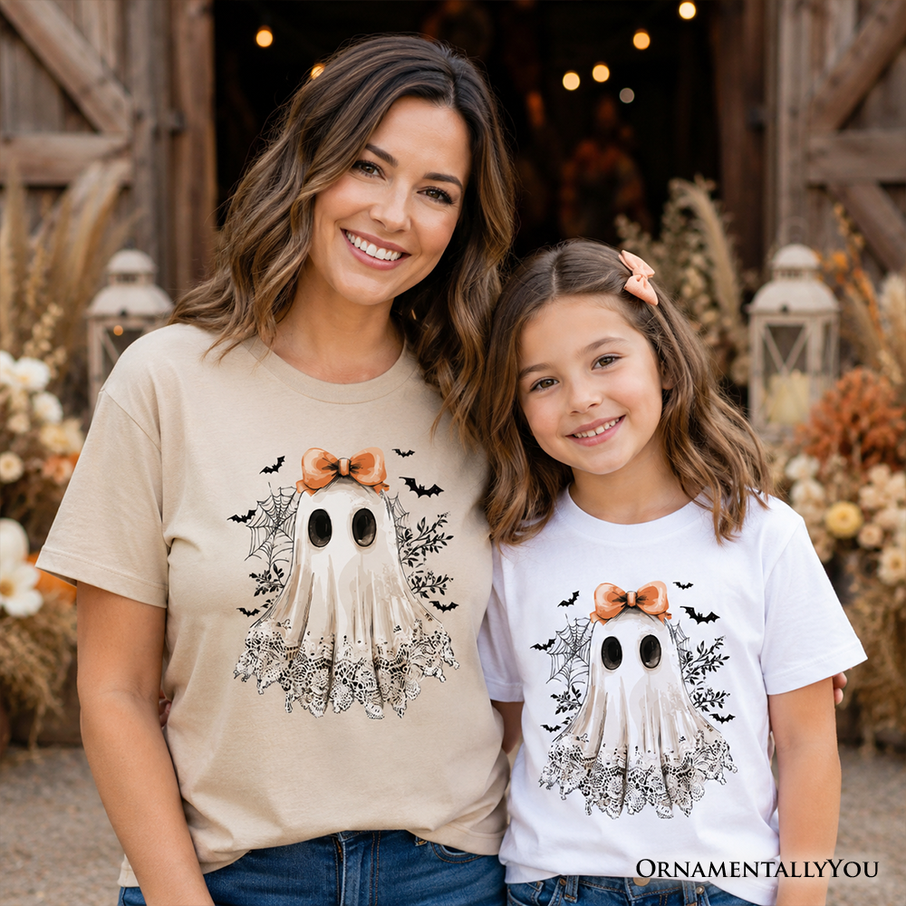 Sand kids T-shirt with ghost graphic, orange bow, bats, short sleeves
