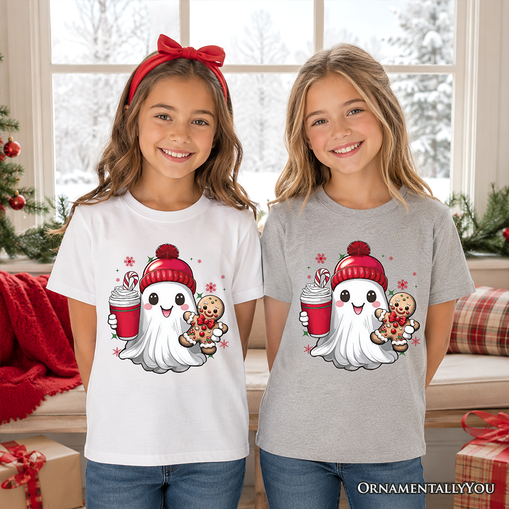 Kids holiday ghost t-shirts: white and sport gray, both with red hat graphic