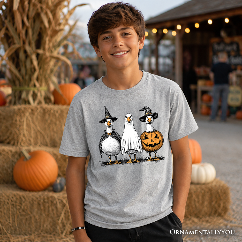 Kids sport gray Halloween T-shirt with three penguins, ghost witch, and jack-o-lantern