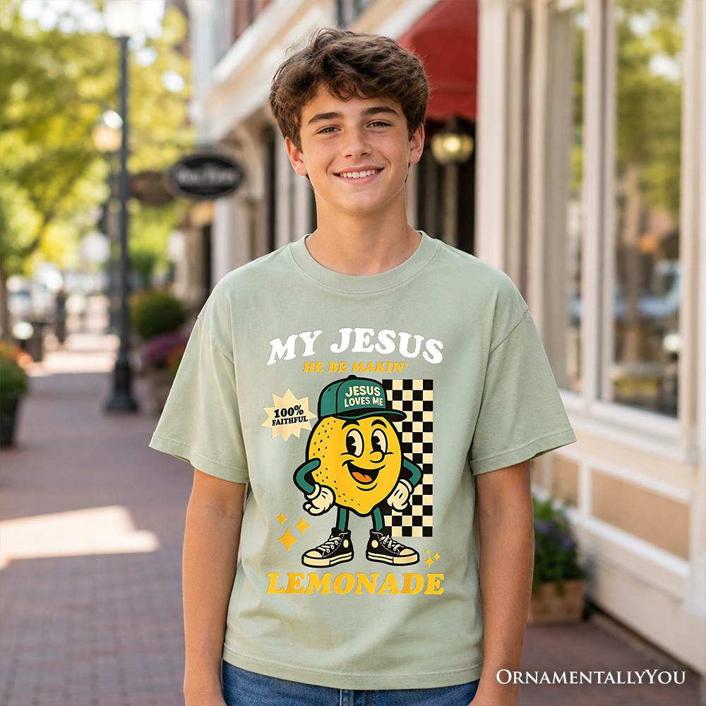 Kids sage green T-shirt with 'My Jesus Be Makin' Lemonade' front graphic