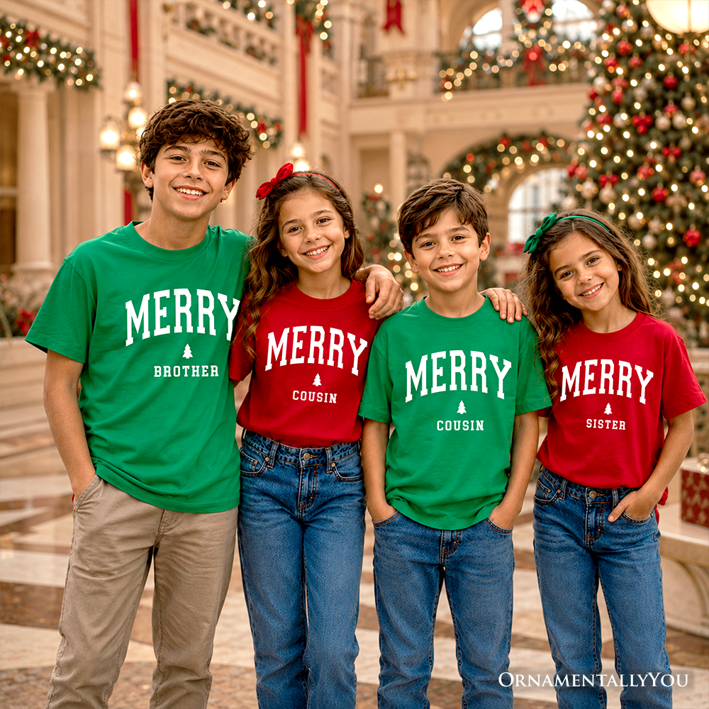 Kids Christmas t-shirt group with “MERRY” role prints on green and red tees