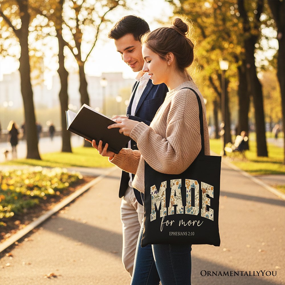 Black canvas tote bag with MADE for more floral print and Ephesians 2:10 verse