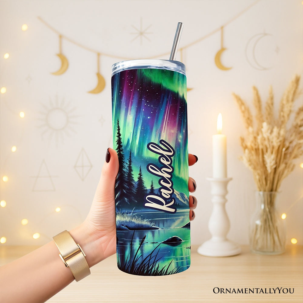 20oz stainless tumbler with lid and stainless straw, aurora moose and trees design