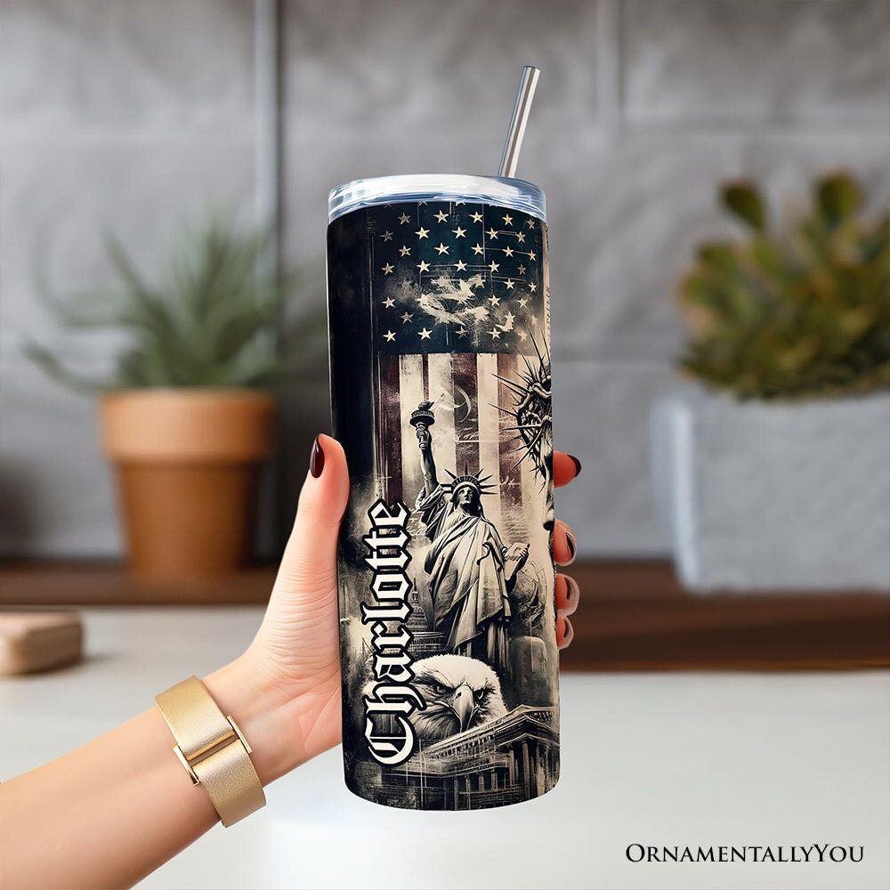 20oz tumbler with clear lid and stainless straw, black-and-white Statue of Liberty graphic