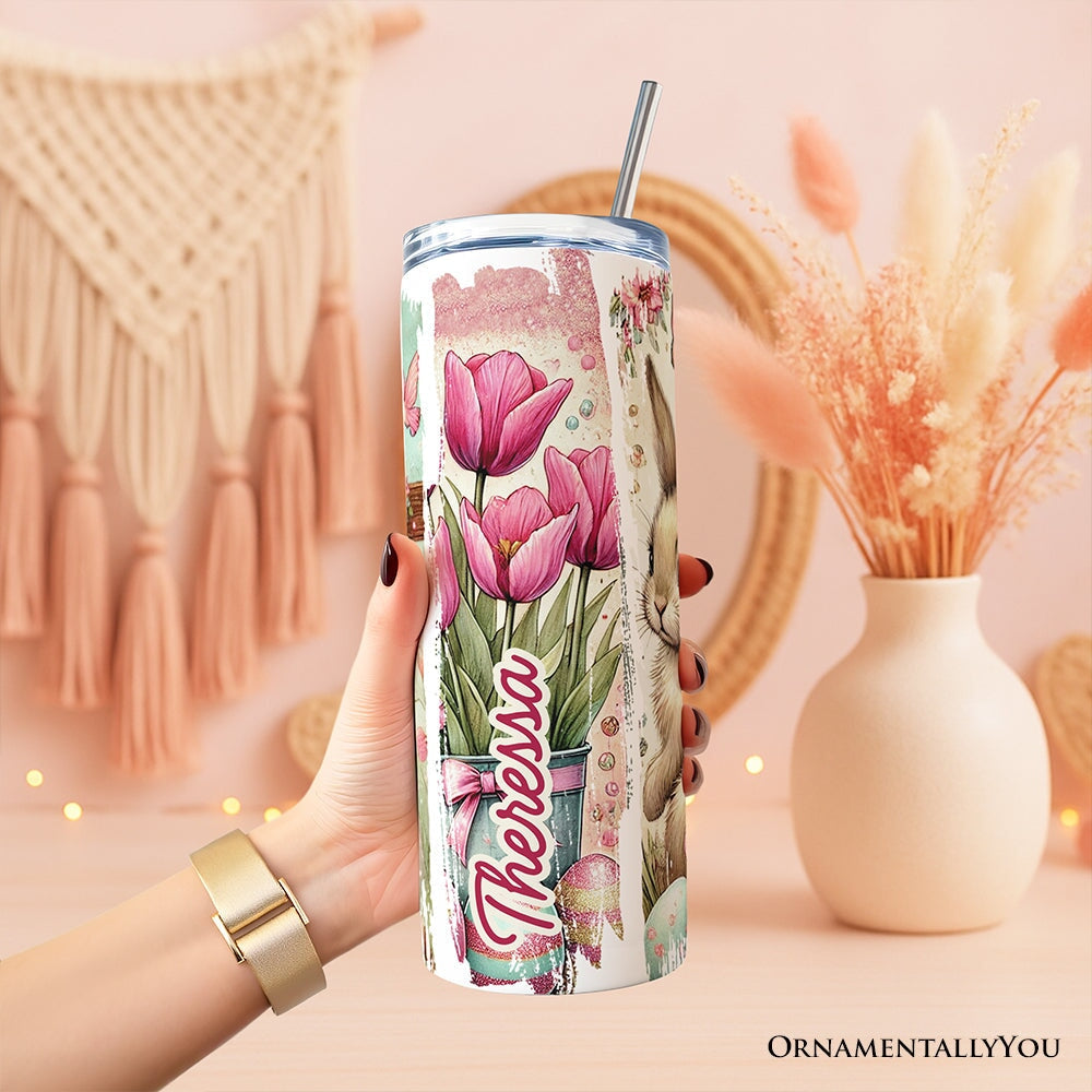 Easter tulip bunny tumbler with lid and stainless straw, pink flower artwork