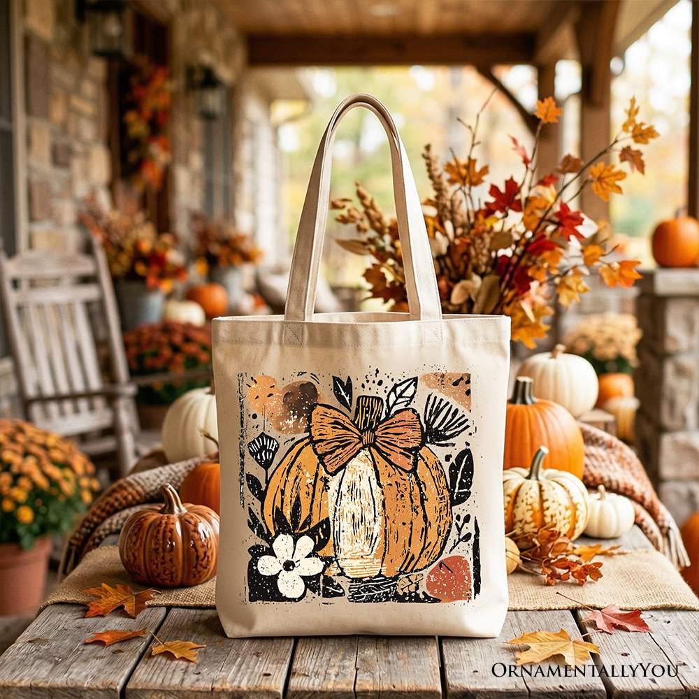 White canvas tote bag with pumpkin floral bow front graphic, upright view