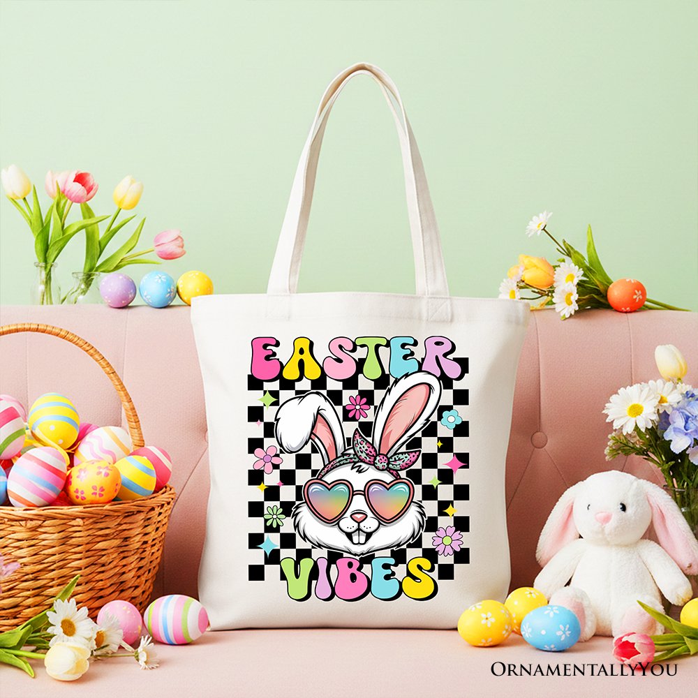 White tote bag with light pink handles and 'Easter Vibes' bunny graphic.