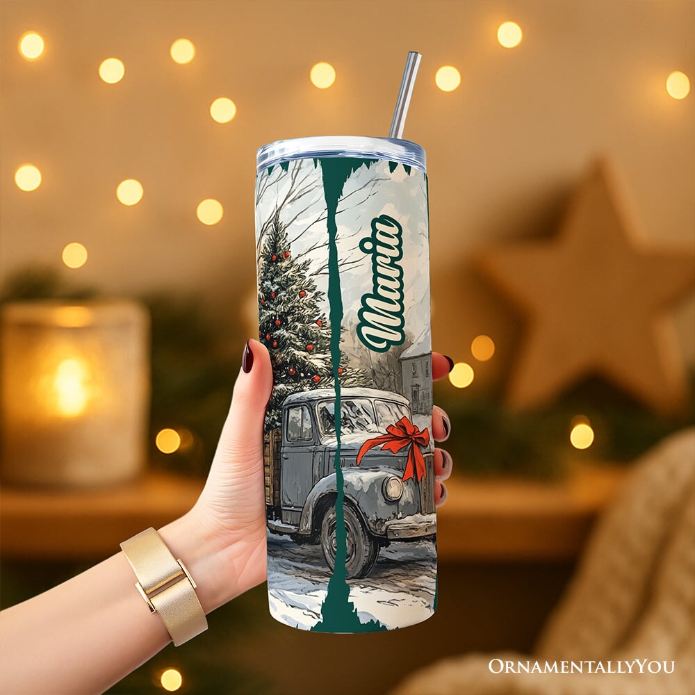 20oz personalized tumbler with lid and straw, holiday scene with vintage truck graphic