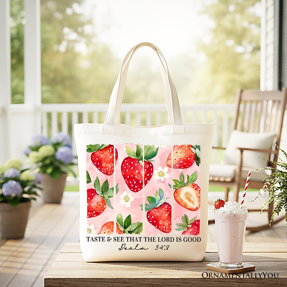 Strawberry print canvas tote bag with red handles and front design
