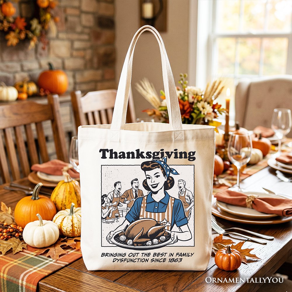 White Thanksgiving tote bag with light tan handles and front turkey graphic and caption.
