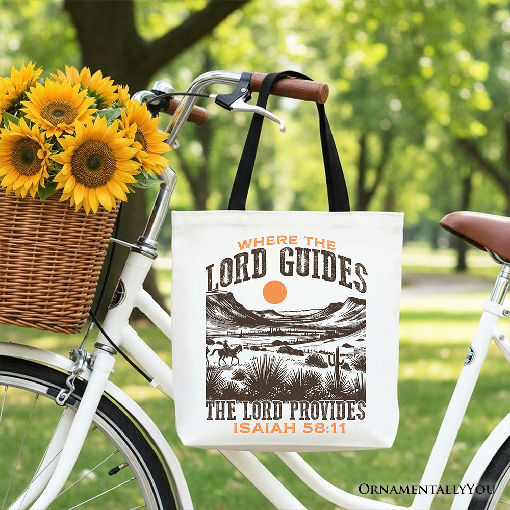 Cream tote bag with desert graphic and 'The Lord Provides' Isaiah 58:11