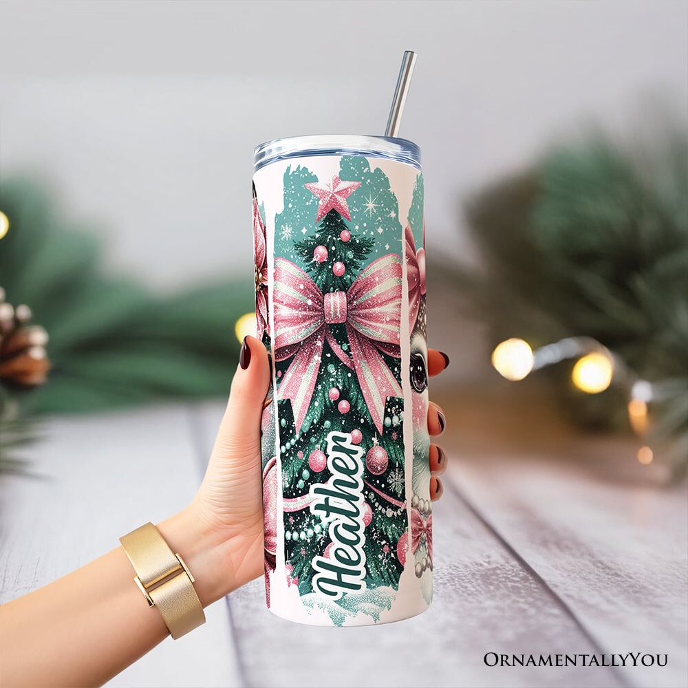 Personalized Christmas tumbler with lid and stainless straw, Christmas tree bow artwork