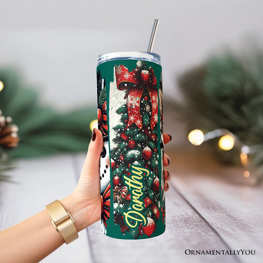 Green 20oz Christmas tumbler with lid and stainless straw, reindeer and ornament artwork
