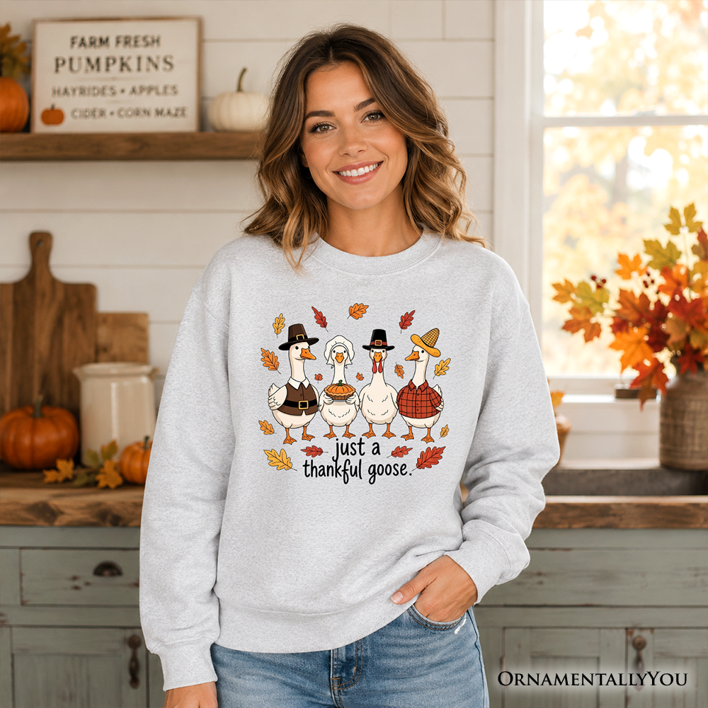 Light gray sweatshirt with “just a thankful goose” turkey graphic