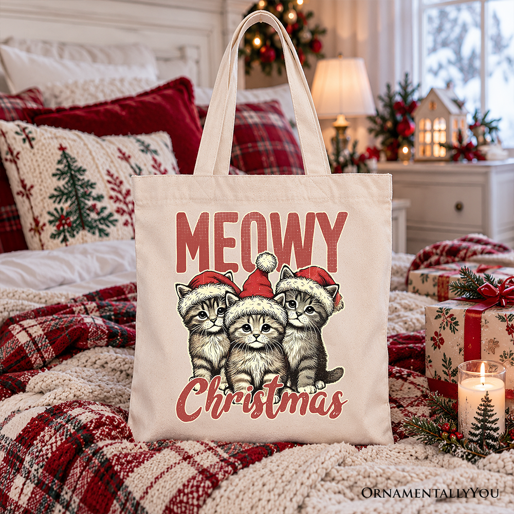 Cream cotton tote bag with “MEOWY Christmas” cat print, front view