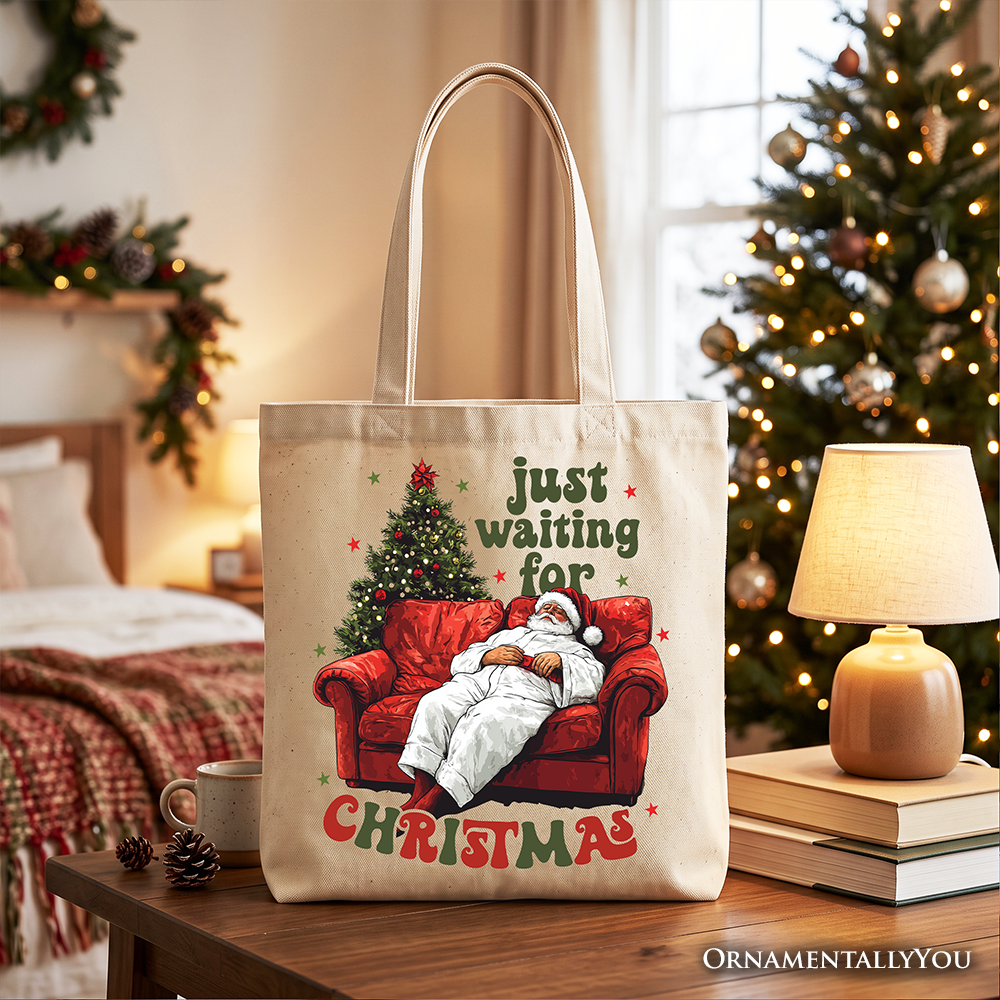 Cream tote bag with Santa-on-couch 'Just waiting for Christmas' front print