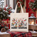 Beige cotton tote bag with Merry Woofmas dog graphic and beige handles