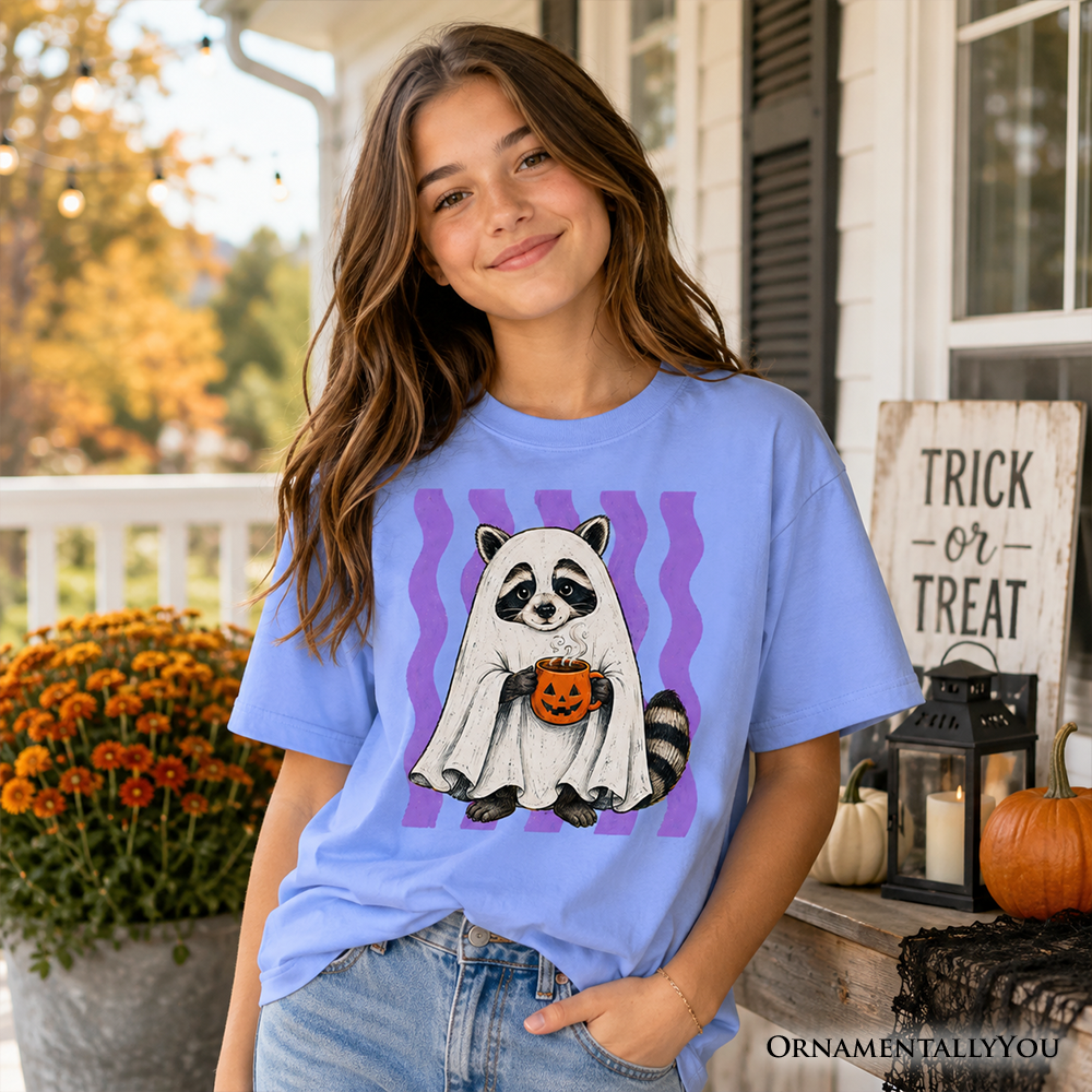 Kids Halloween raccoon ghost pumpkin T-shirt, light blue with front graphic