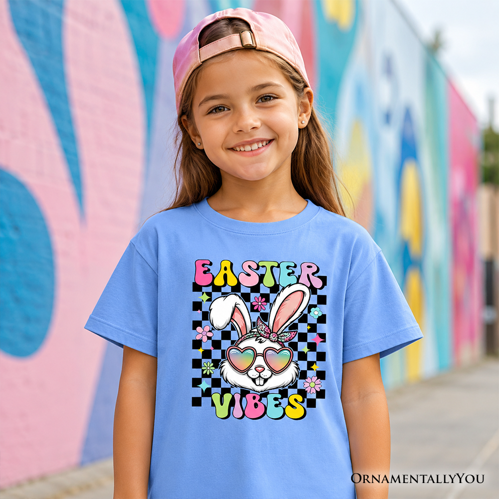 Kids Easter graphic T-shirt, light blue crew neck with bunny “Easter Vibes” print