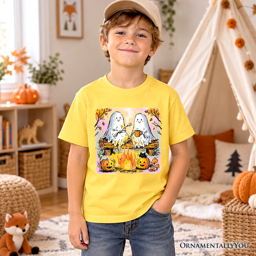 Kids yellow T-shirt with ghost and pumpkin campfire graphic