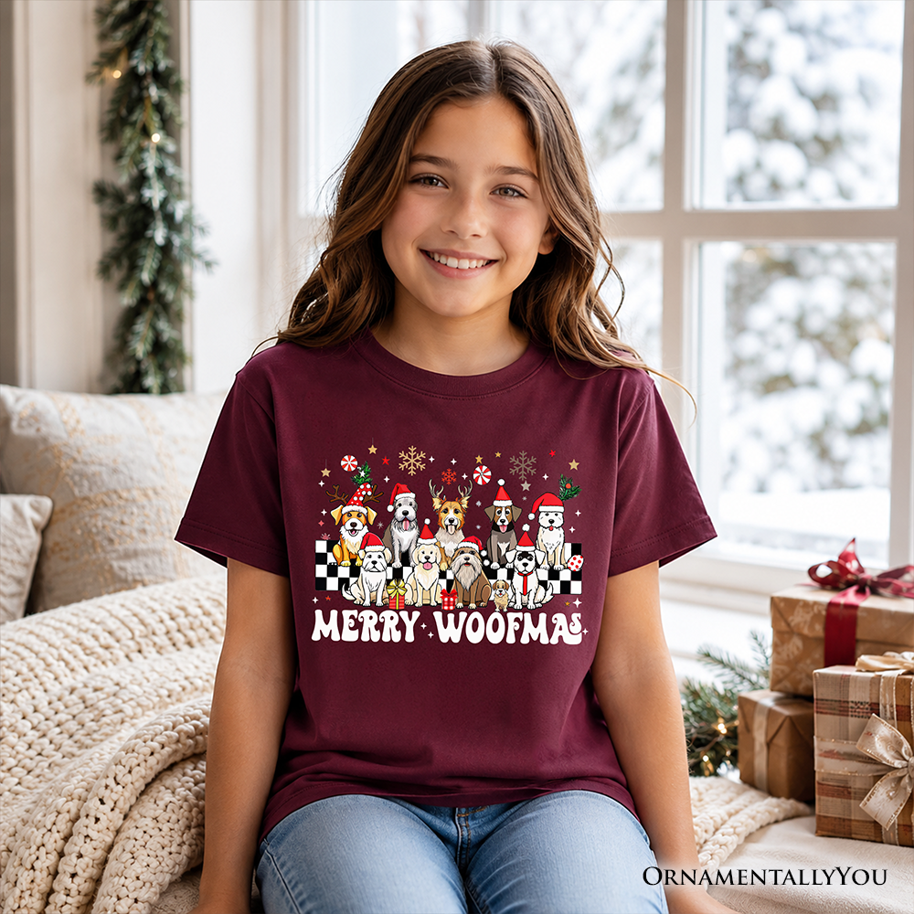 Kids maroon dog Christmas T-shirt with Santa hats and “Merry Woofmas” graphic