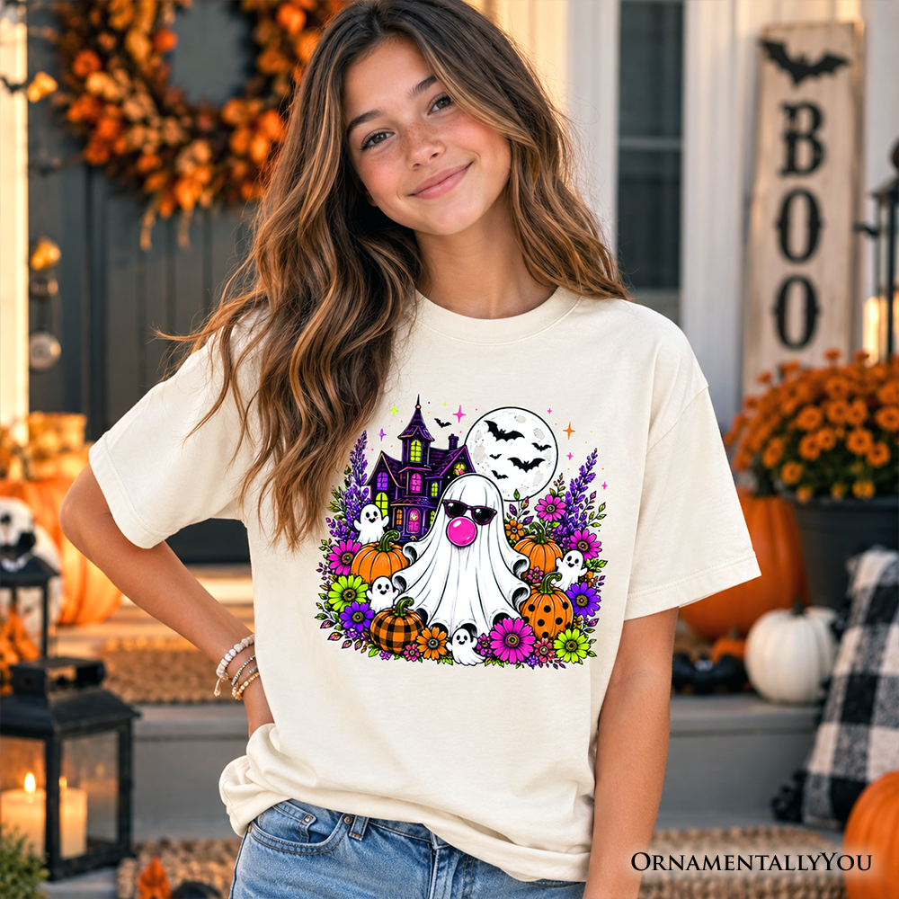 Kids Halloween T-shirt in natural color with bubblegum ghost and floral haunted house graphic
