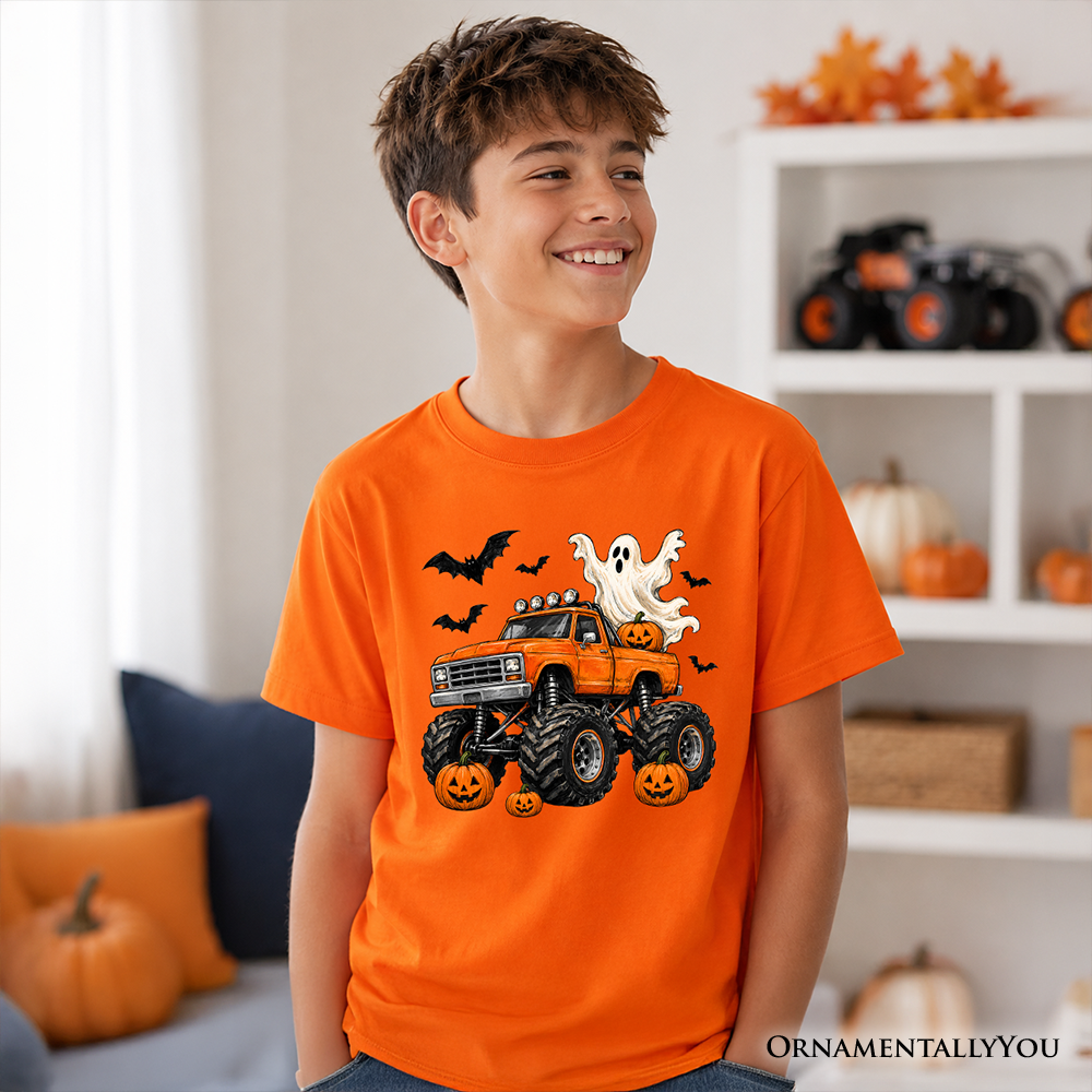 Kids Halloween monster truck T-shirt in safety orange with ghost and pumpkin graphic