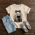 Sand kids t-shirt with leopard bow and black cat graphic, crew neck