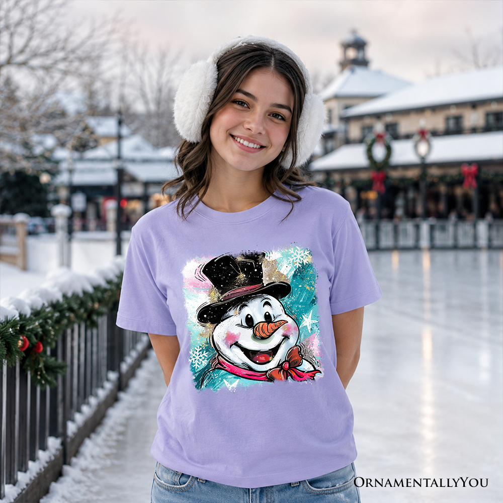Kids violet t-shirt with glitter snowman face graphic and bow tie