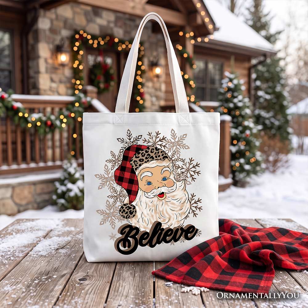 Believe Santa buffalo plaid tote bag featuring snowflakes and cream handles