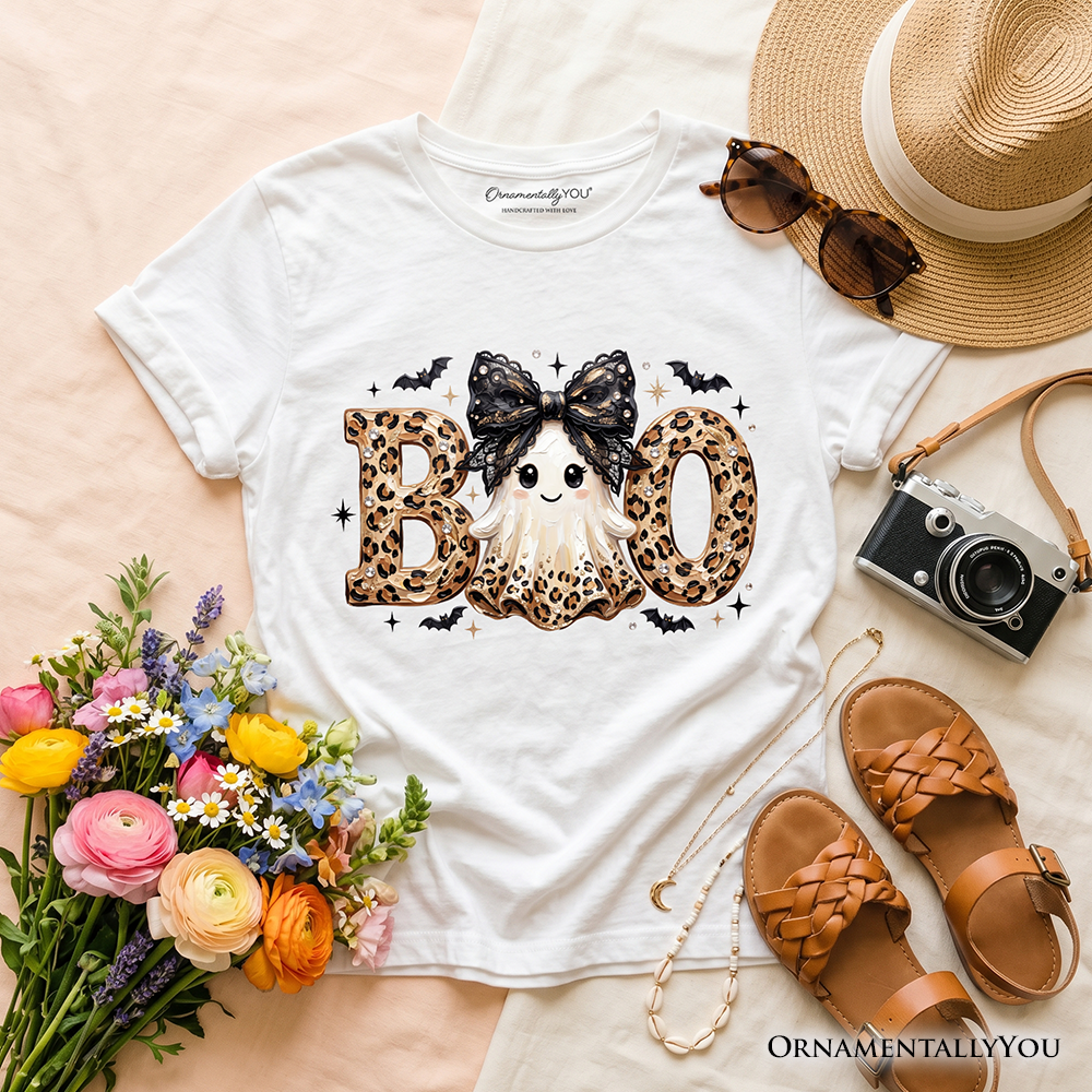 White crewneck kids T-shirt with Boo leopard ghost and black bow