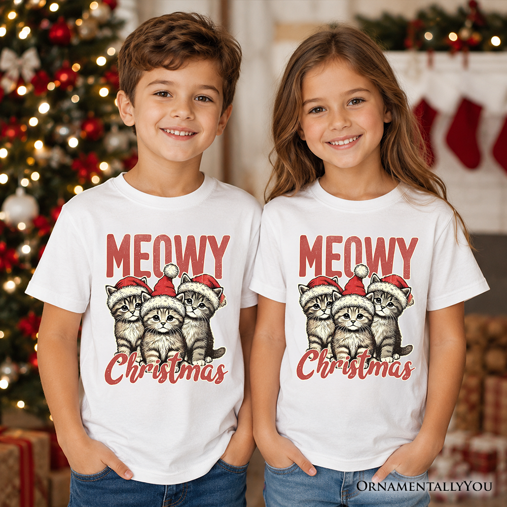 Kids white cat Christmas graphic t-shirts, two kids wearing 'MEOWY Christmas' prints