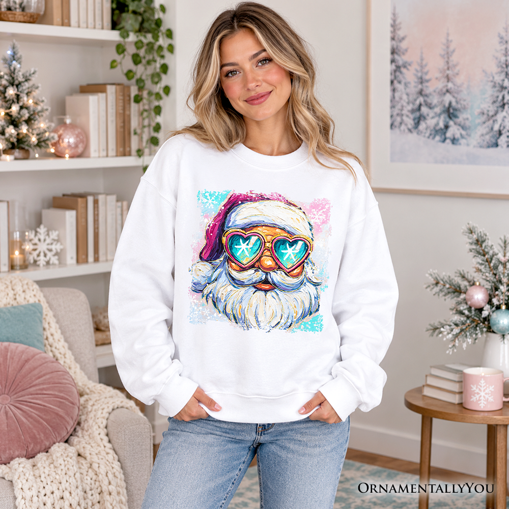 White crewneck sweatshirt with colorful Santa portrait in neon sunglasses