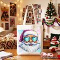 White cotton tote bag with colorful Santa sunglasses graphic, navy handles