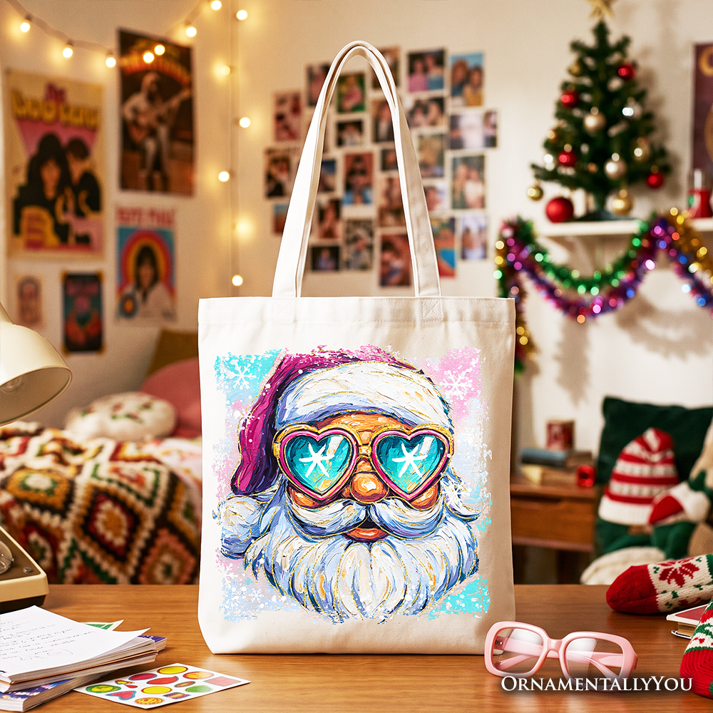White cotton tote bag with colorful Santa sunglasses graphic, navy handles