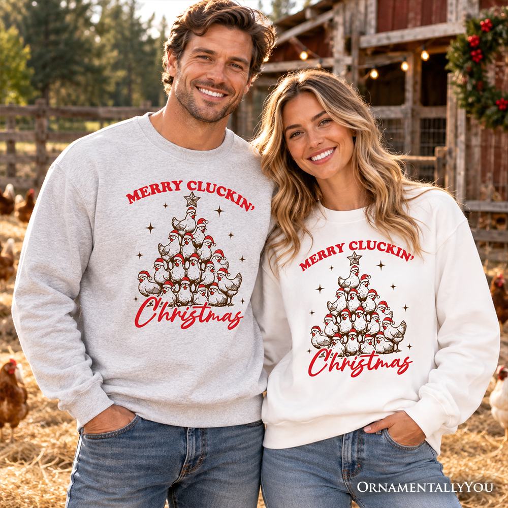 Pair of Christmas sweatshirts: gray and white, each with red "Merry Cluckin' Christmas" chicken tree