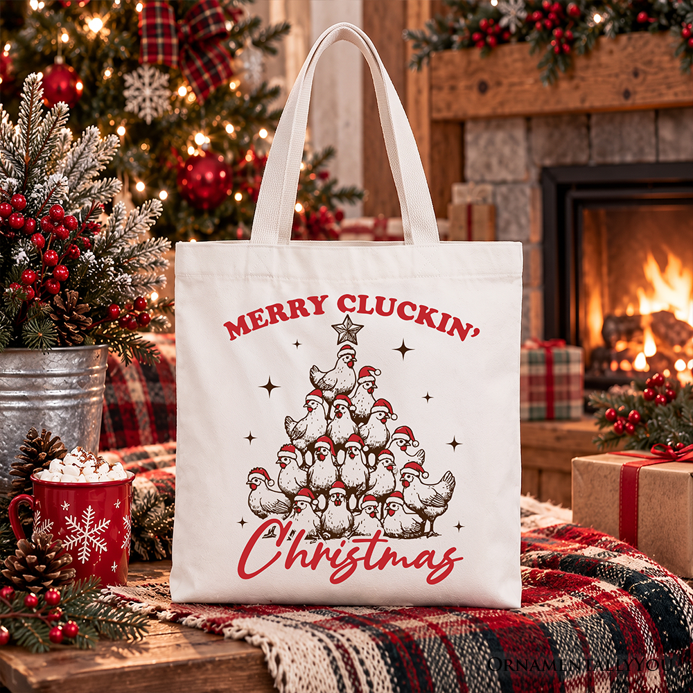 Off-white tote bag with red Merry Cluckin' Christmas chicken graphic and white handles