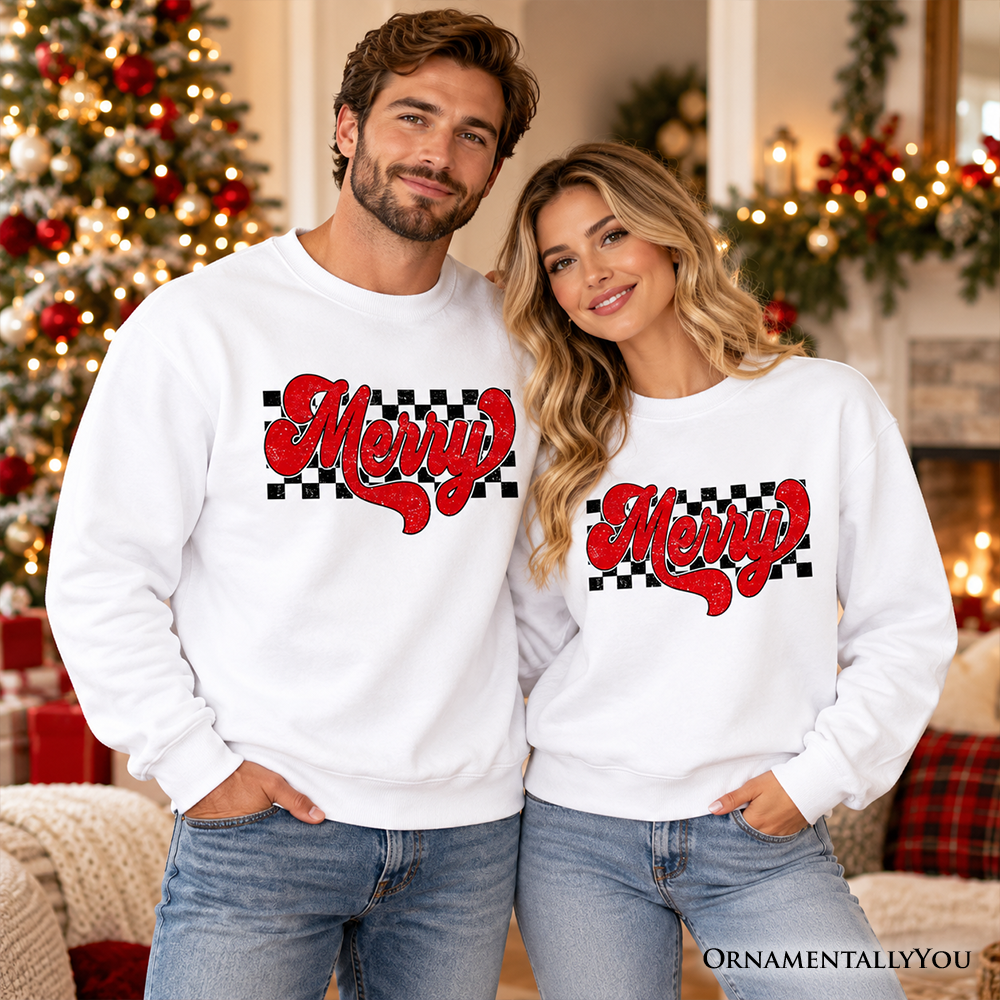 Matching white crewneck sweatshirts with red “Merry” graphic print