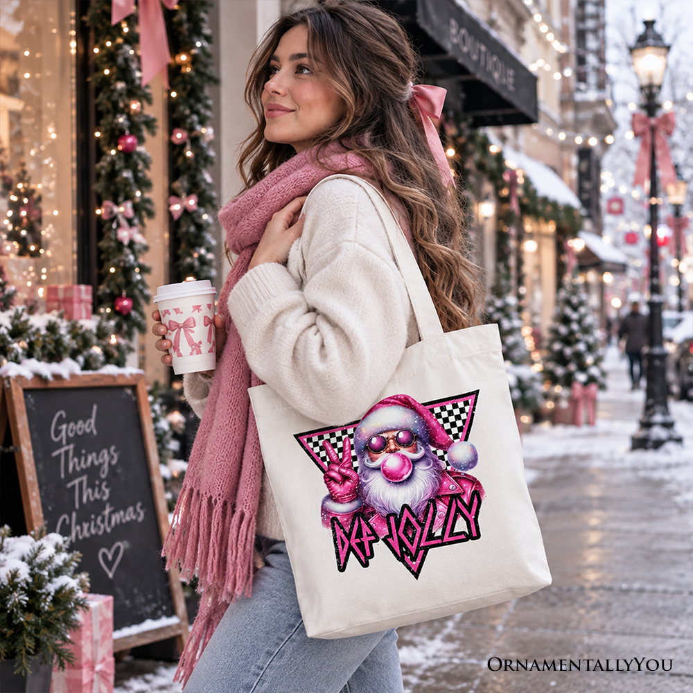 White tote bag with Santa bubblegum print and top carry handles