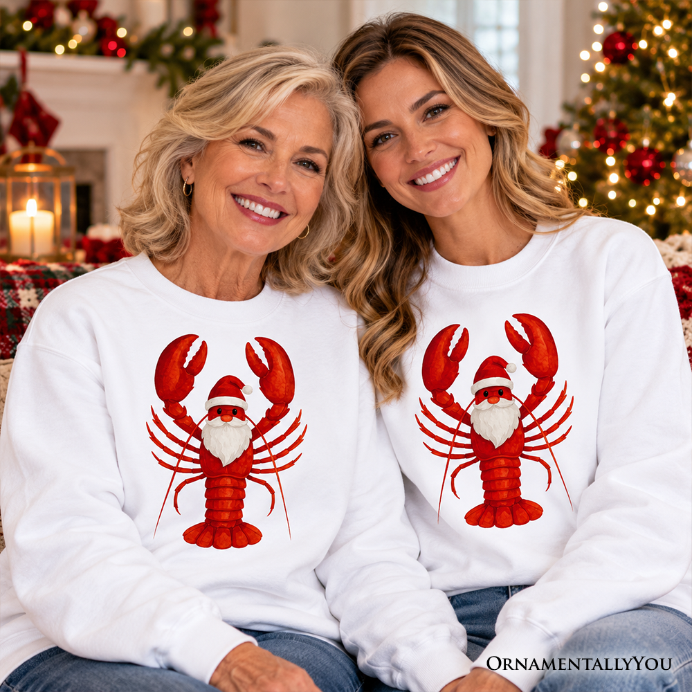 White sweatshirt with red lobster Santa graphic, worn by two people