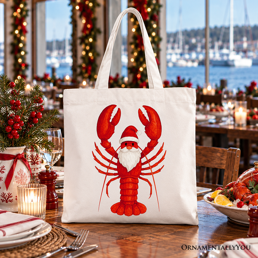 White cotton tote bag with red handles and red lobster Santa front illustration